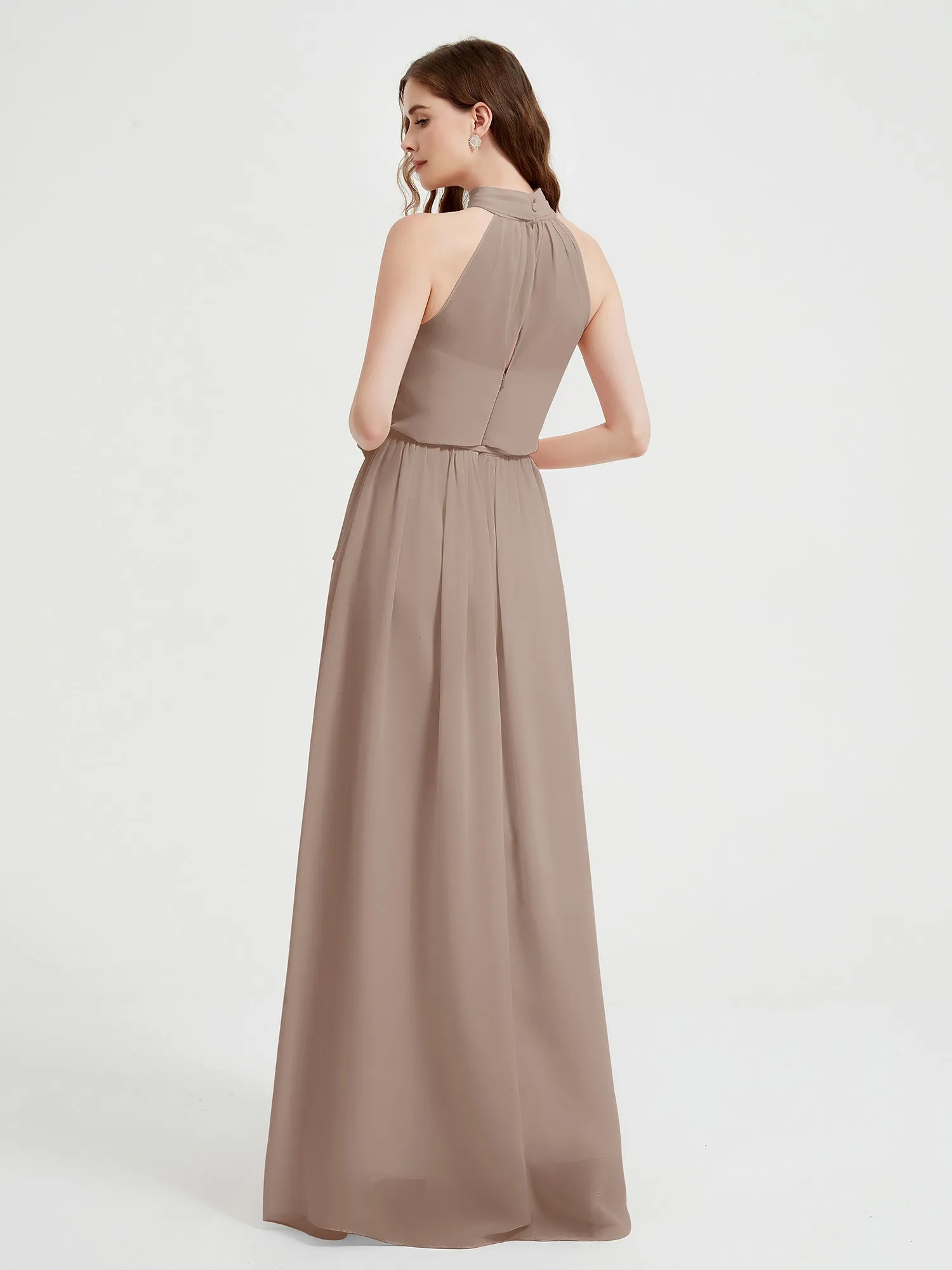 High Neck Chiffon Dresses with Slit and Sash Bow-Taupe Plus Size