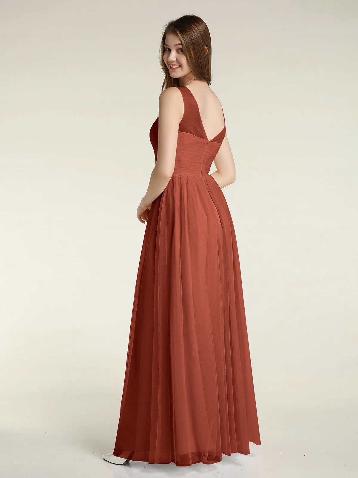 Illusion Neck Cross Tulle Bridesmaid Dresses-Rust