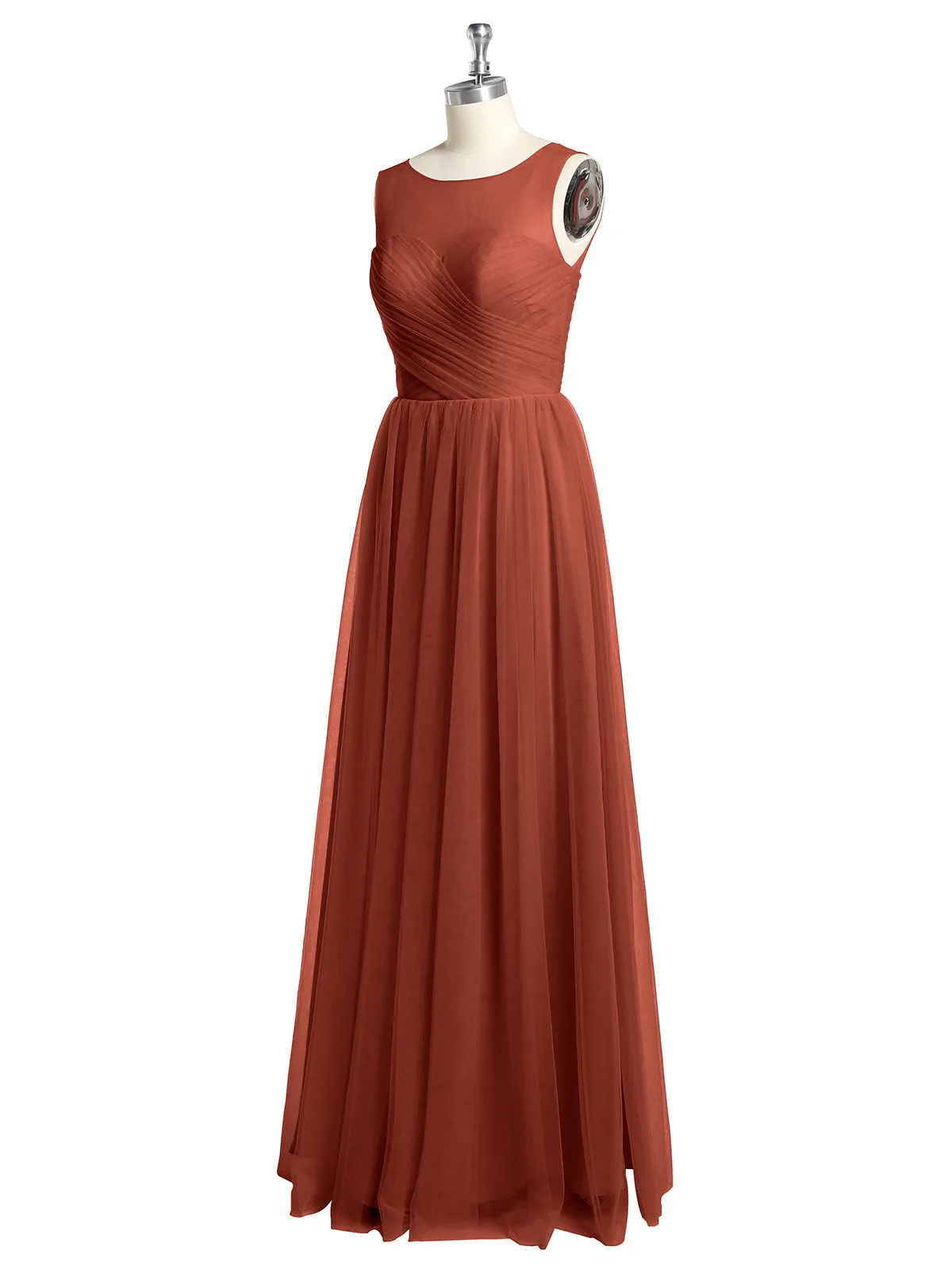 Illusion Neck Cross Tulle Bridesmaid Dresses-Rust