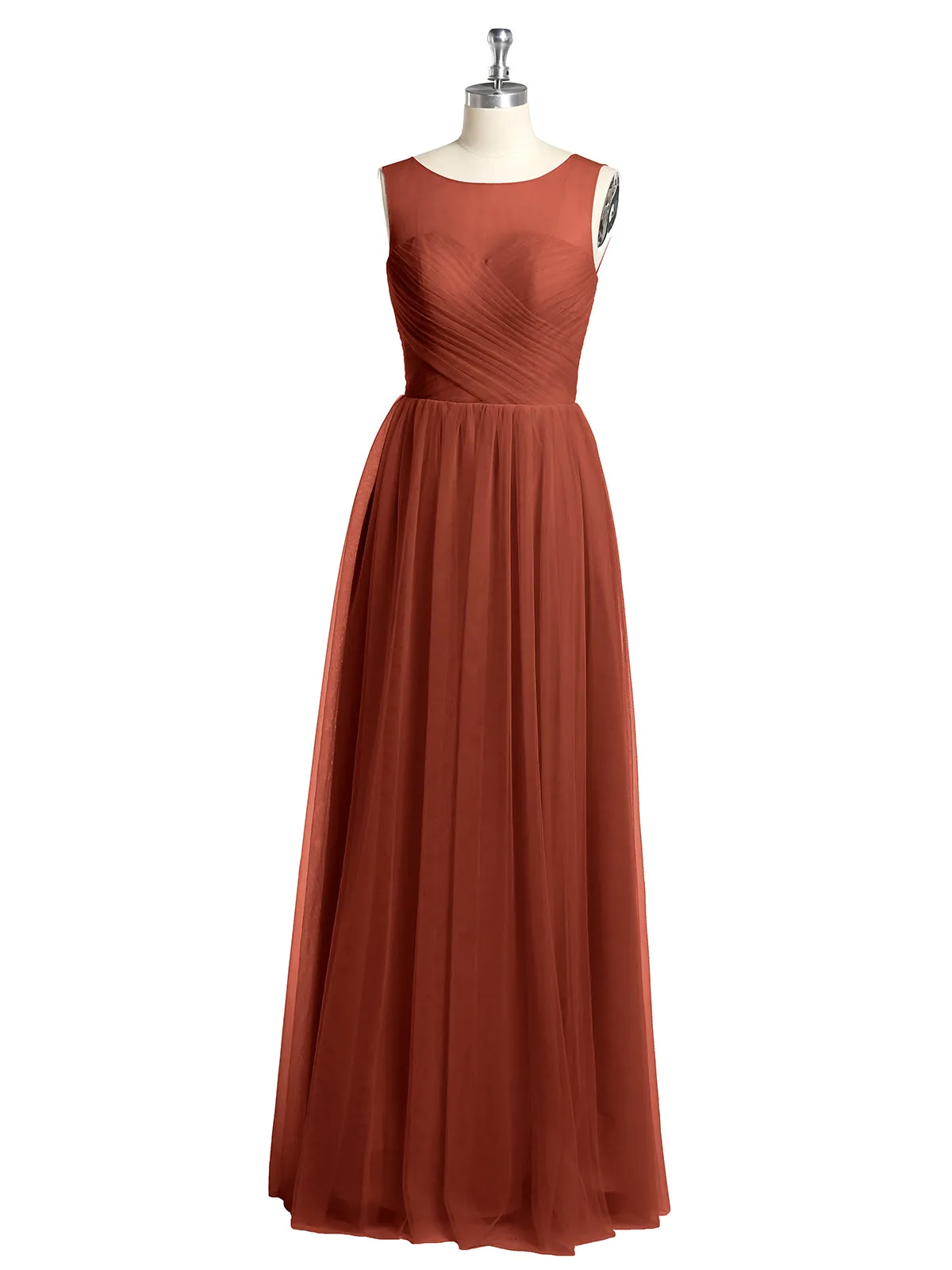 Illusion Neck Cross Tulle Bridesmaid Dresses-Rust