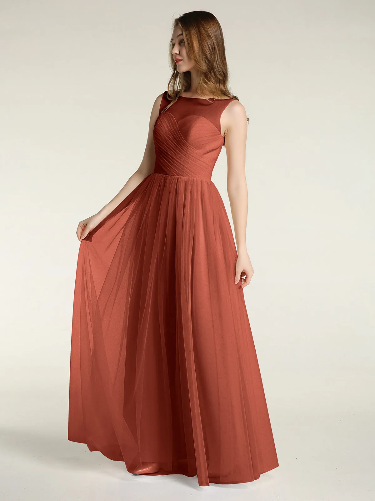 Illusion Neck Cross Tulle Bridesmaid Dresses-Rust