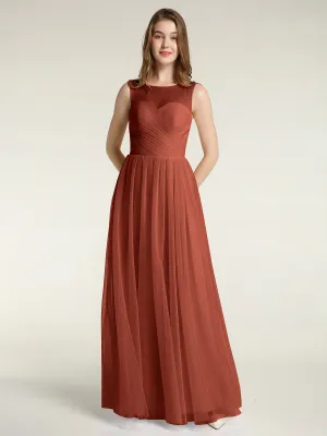 Illusion Neck Cross Tulle Bridesmaid Dresses-Rust