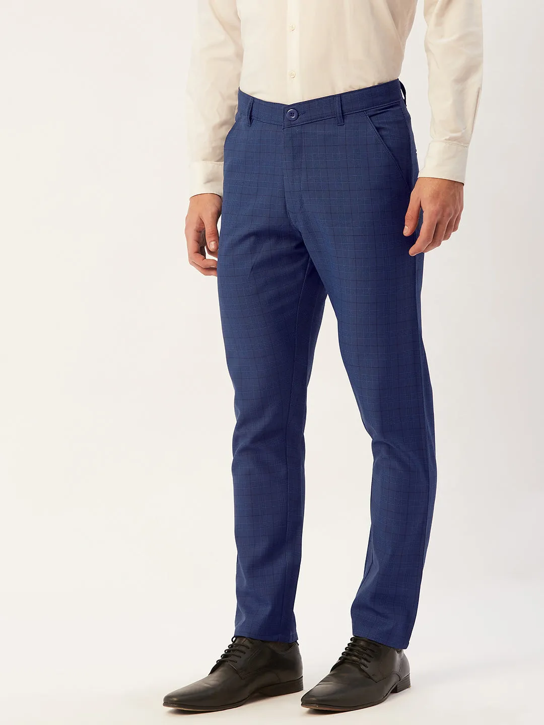 Jashvi Men's Blue Checked Formal Trousers