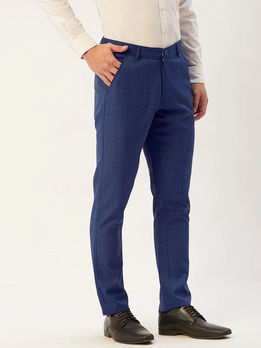 Jashvi Men's Blue Checked Formal Trousers