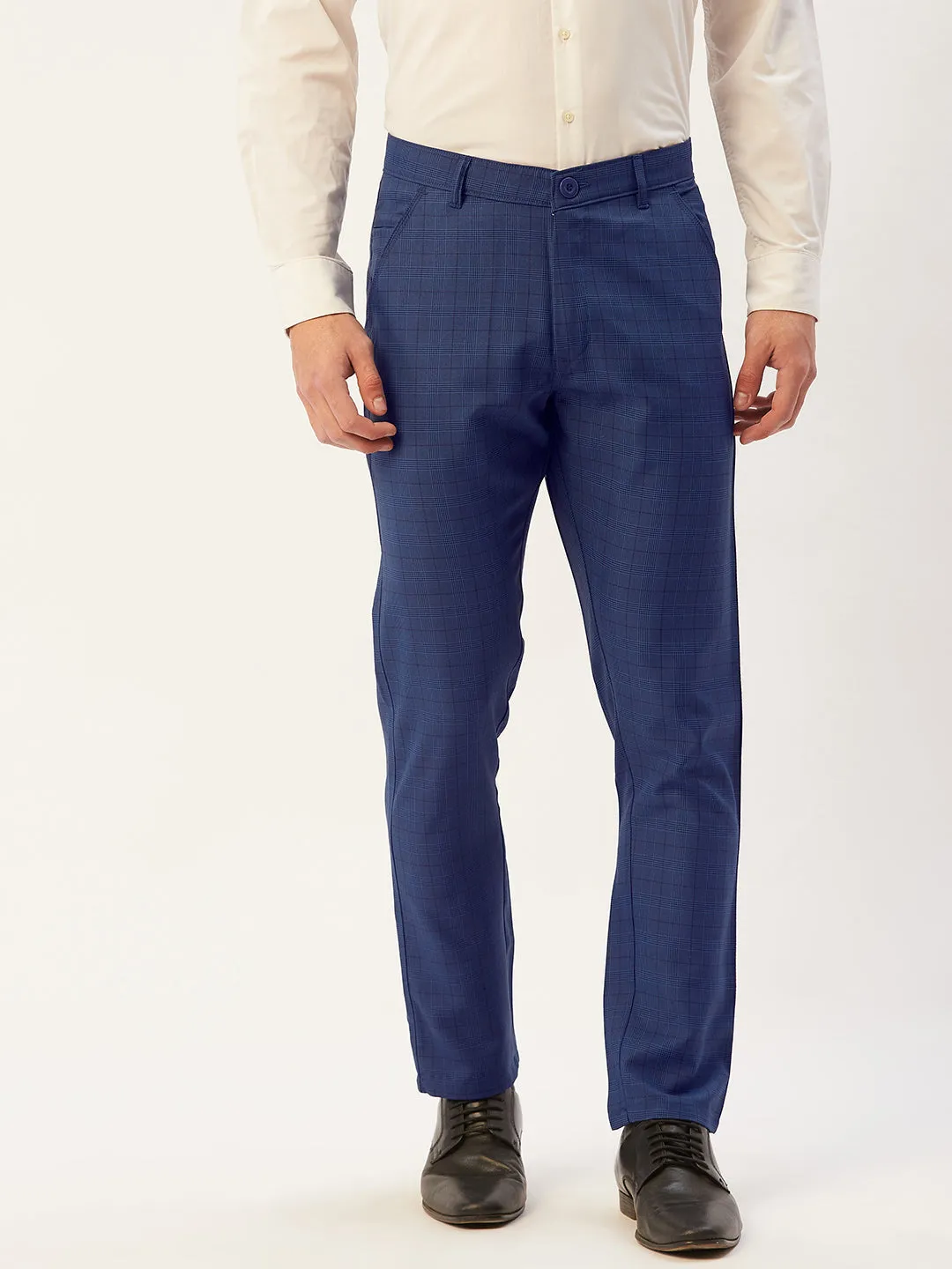 Jashvi Men's Blue Checked Formal Trousers