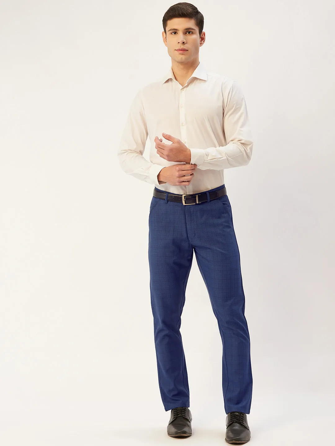 Jashvi Men's Blue Checked Formal Trousers