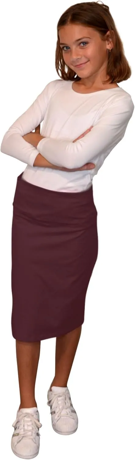 Kosher Casual Kids Big Girls Modest Knee Length Stretch Pencil Skirt in Lightweight Cotton Spandex