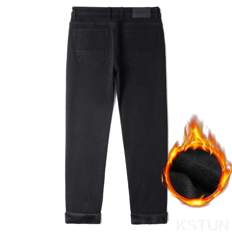 KSTUN Men Jeans With Fleece Stretch Black Warm Denim Pants Slim Straight Thicken Men's Trousers 2024 Winter New Mens Clothing