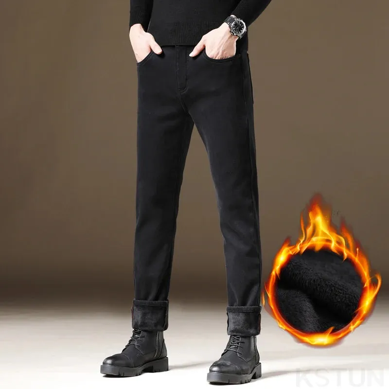KSTUN Men Jeans With Fleece Stretch Black Warm Denim Pants Slim Straight Thicken Men's Trousers 2024 Winter New Mens Clothing