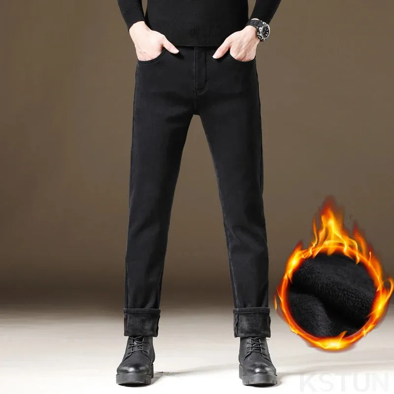 KSTUN Men Jeans With Fleece Stretch Black Warm Denim Pants Slim Straight Thicken Men's Trousers 2024 Winter New Mens Clothing