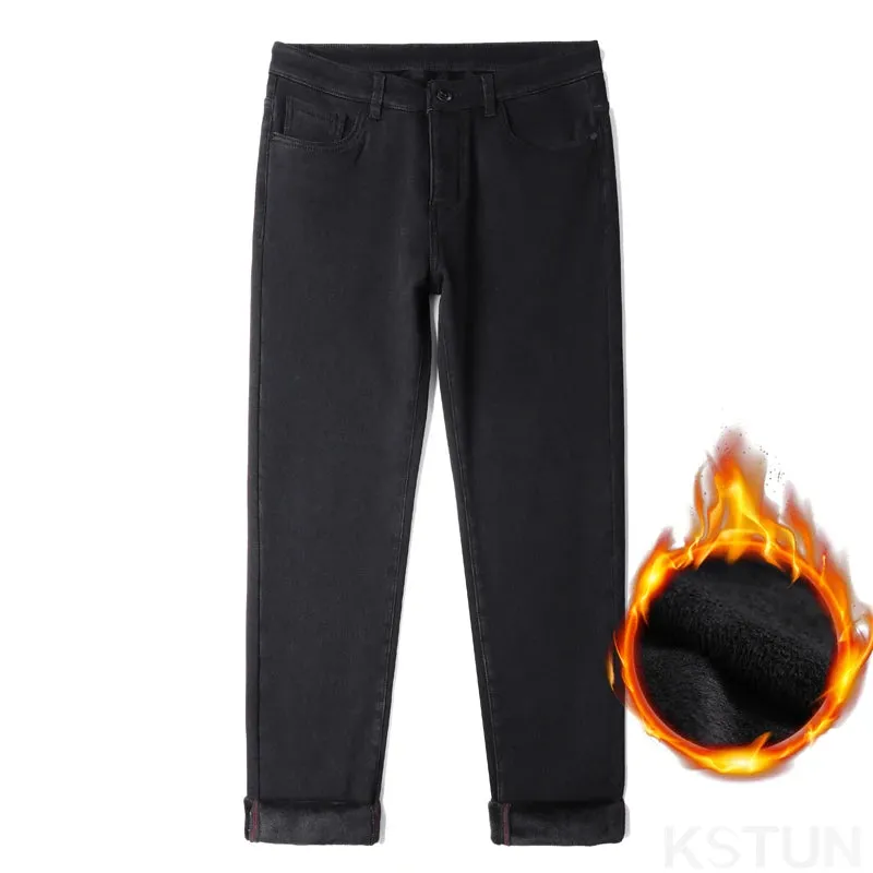KSTUN Men Jeans With Fleece Stretch Black Warm Denim Pants Slim Straight Thicken Men's Trousers 2024 Winter New Mens Clothing