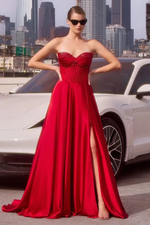 Ladivine CD297 Strapless Beaded A Line Prom Dress Satin Strapless Sweetheart Neckline