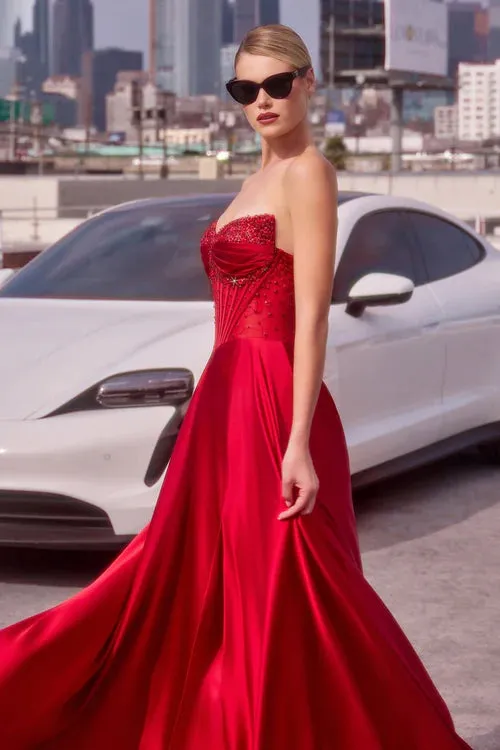 Ladivine CD297 Strapless Beaded A Line Prom Dress Satin Strapless Sweetheart Neckline