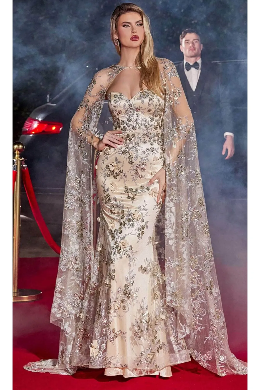 Ladivine J834 - Glitter Cape Prom Evening Dress