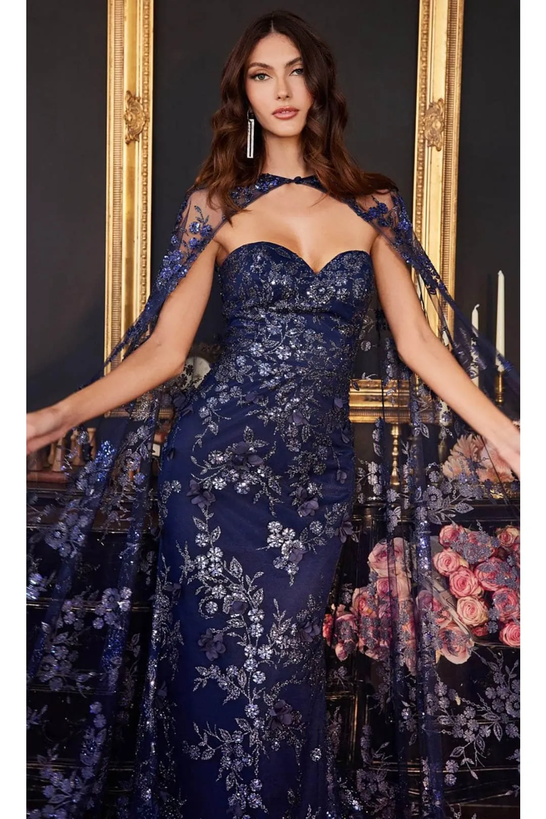 Ladivine J834 - Glitter Cape Prom Evening Dress