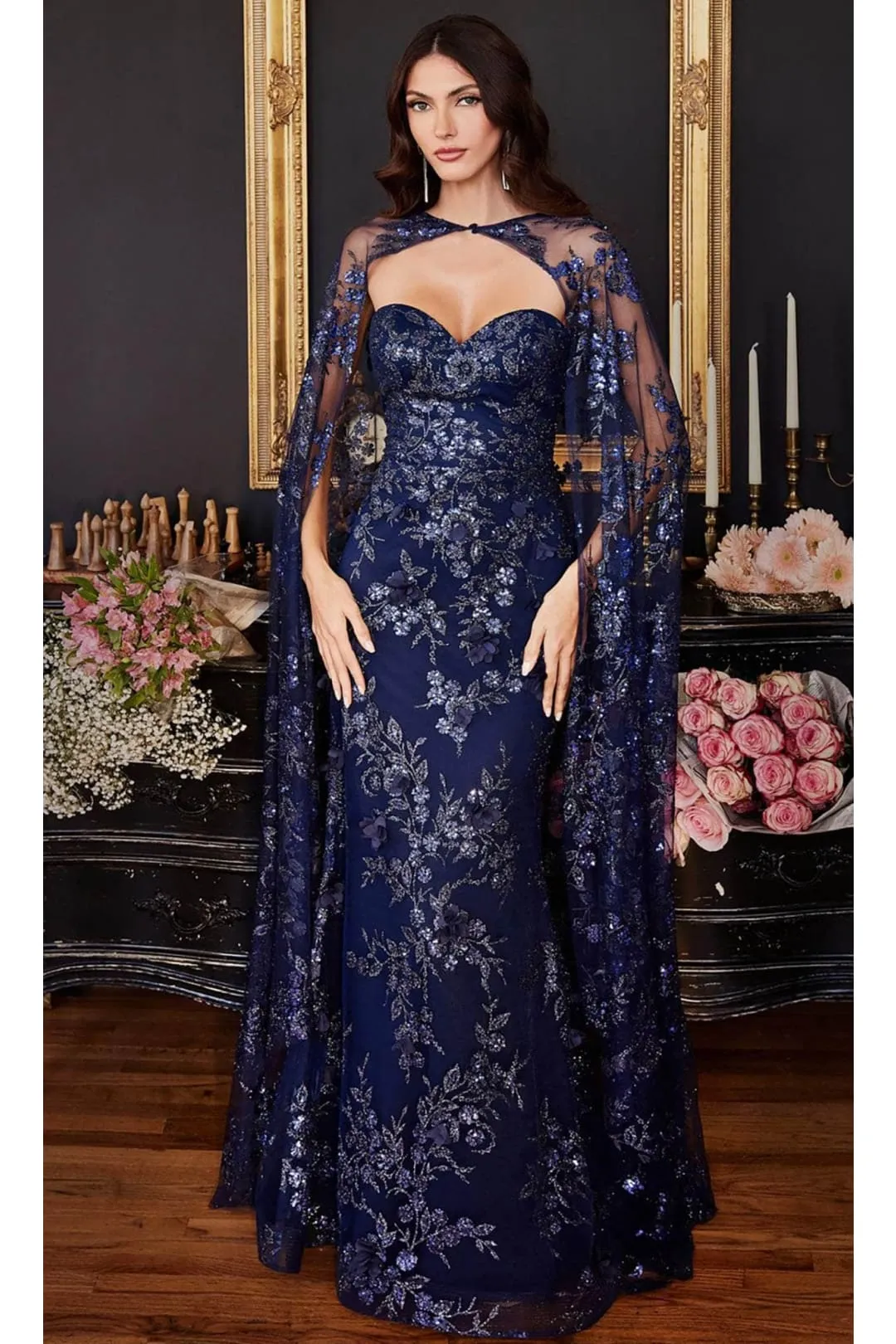 Ladivine J834 - Glitter Cape Prom Evening Dress
