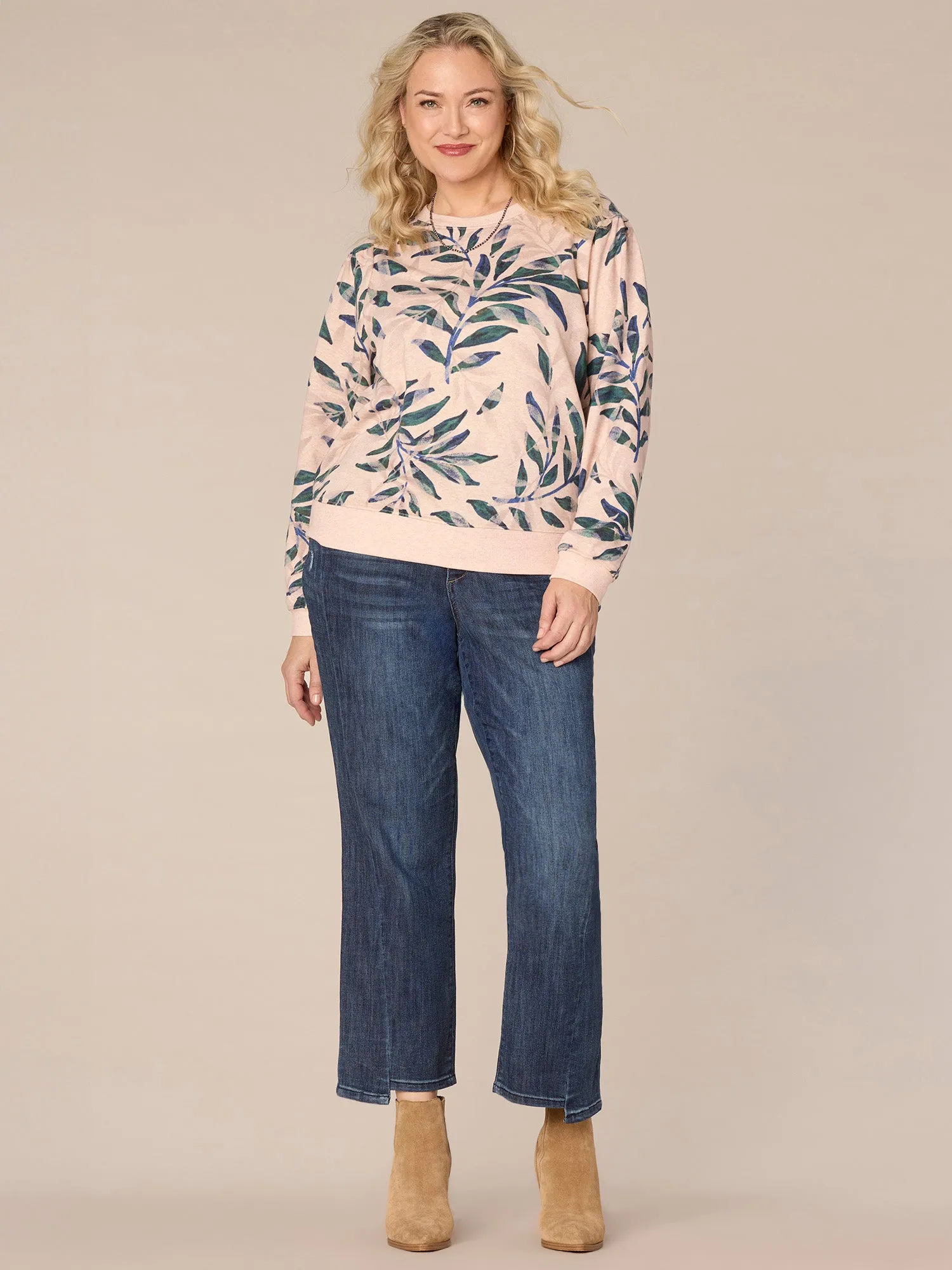 Long Banded Sleeve Scoop Neck Leaf Print Plus Size Knit Sweatshirt