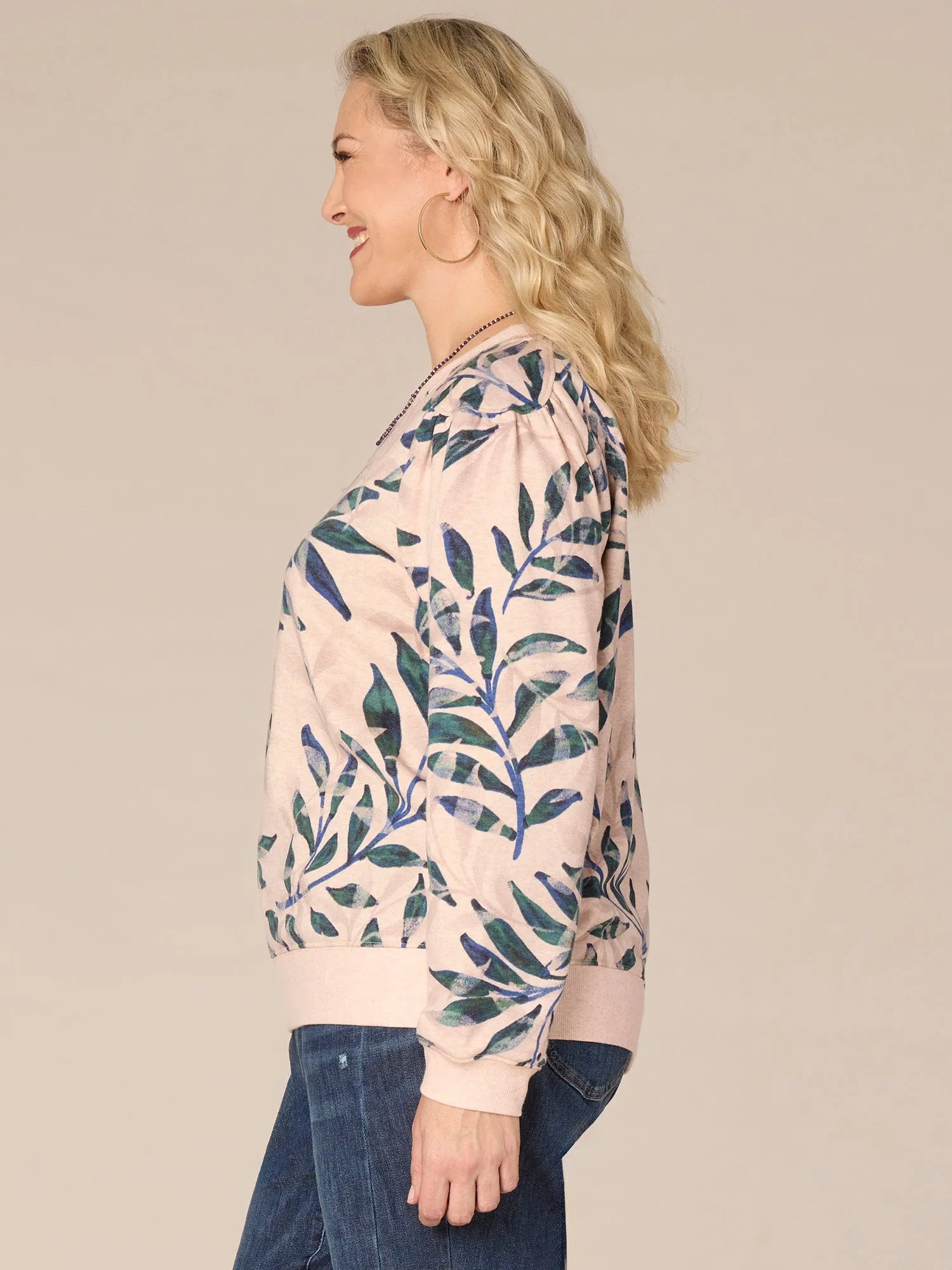 Long Banded Sleeve Scoop Neck Leaf Print Plus Size Knit Sweatshirt