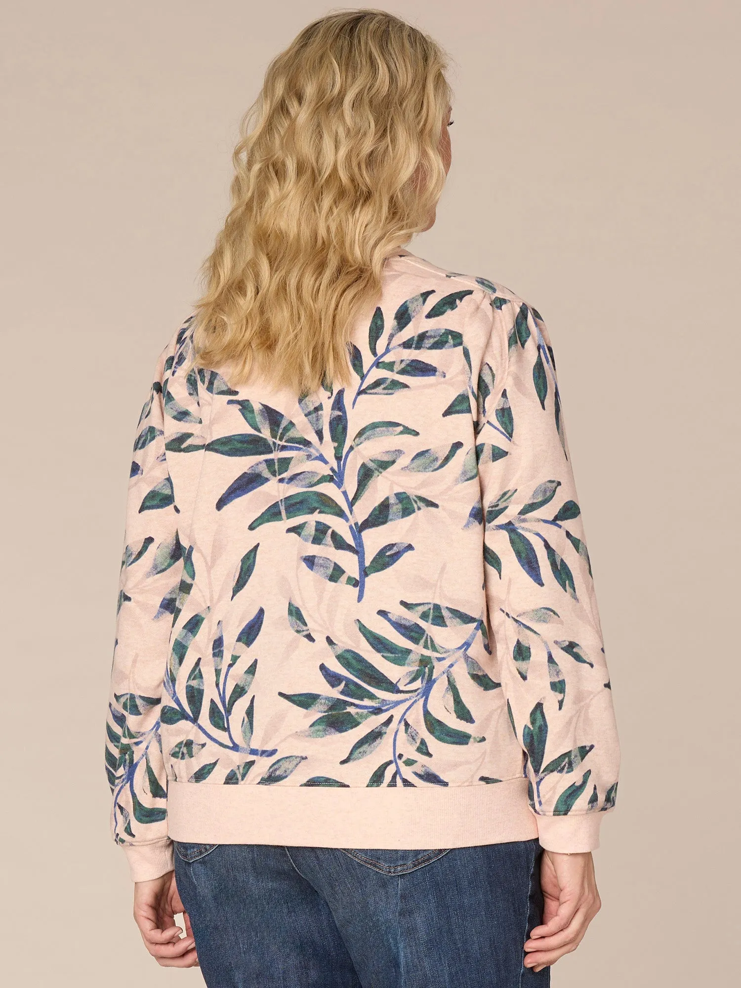 Long Banded Sleeve Scoop Neck Leaf Print Plus Size Knit Sweatshirt