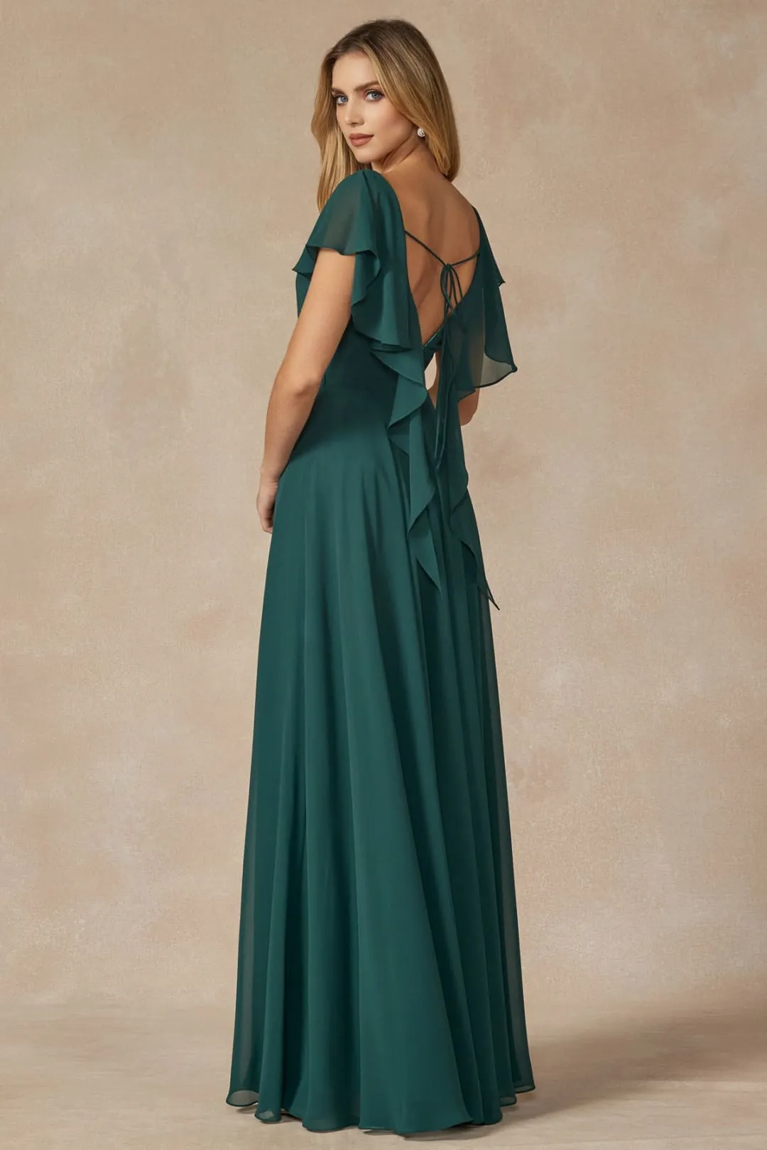 Long Flutter Sleeve Chiffon Gown by Juliet 261