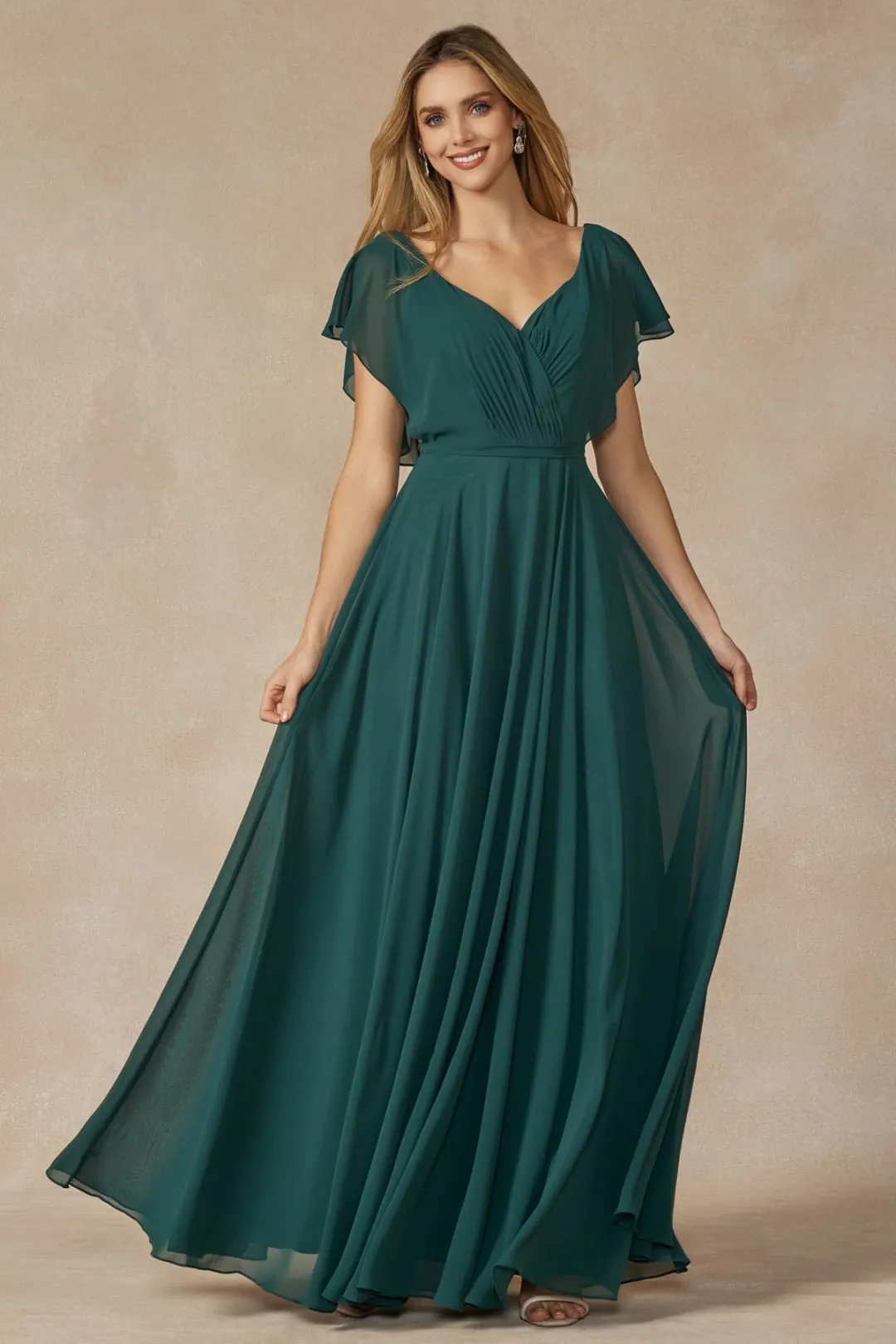 Long Flutter Sleeve Chiffon Gown by Juliet 261