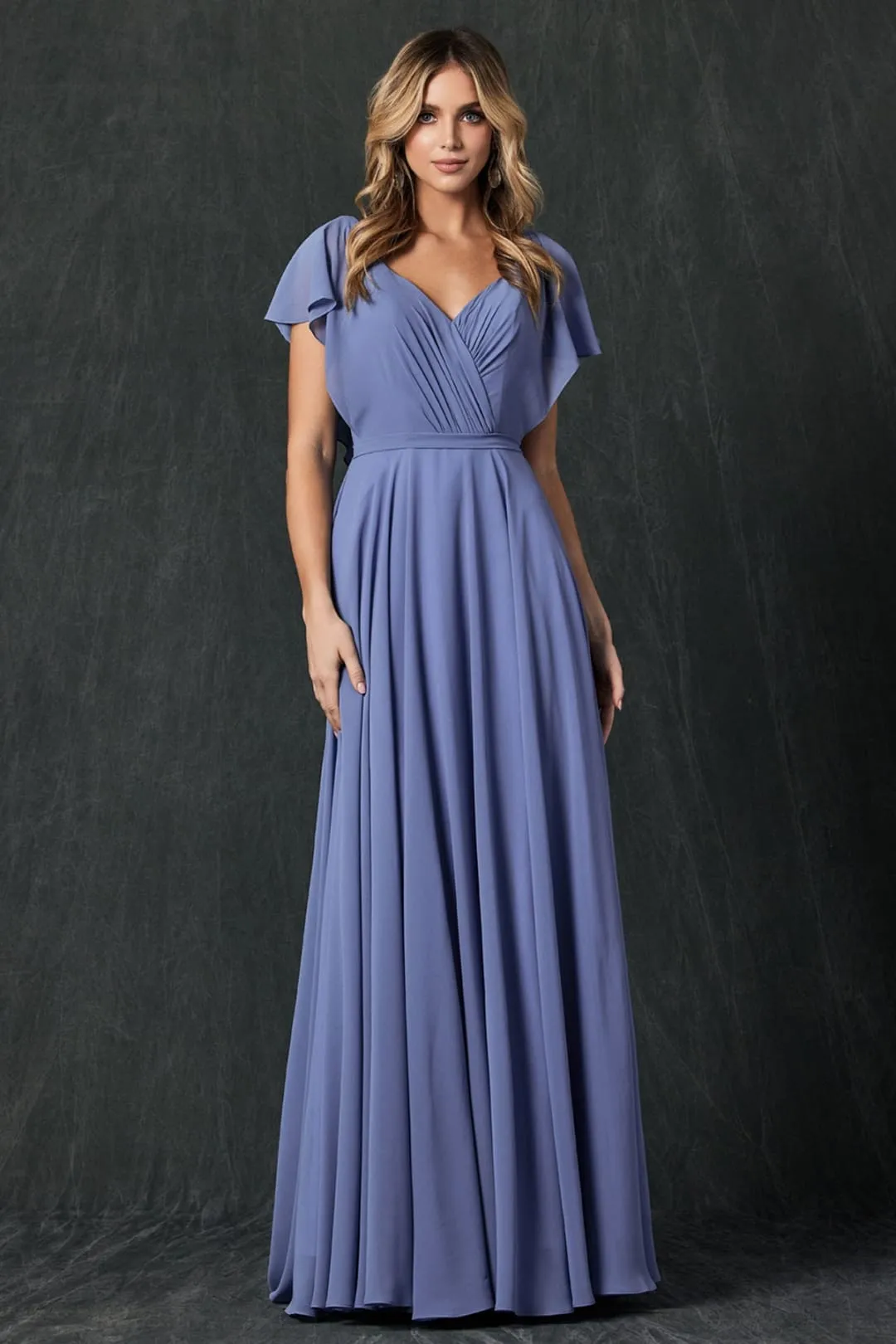 Long Flutter Sleeve Chiffon Gown by Juliet 261