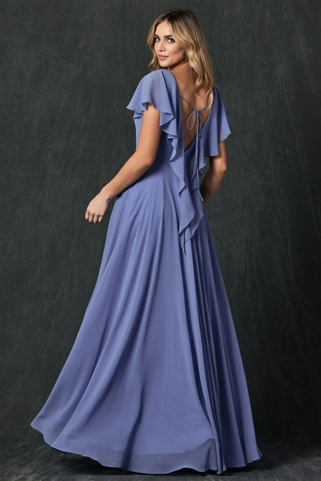 Long Flutter Sleeve Chiffon Gown by Juliet 261