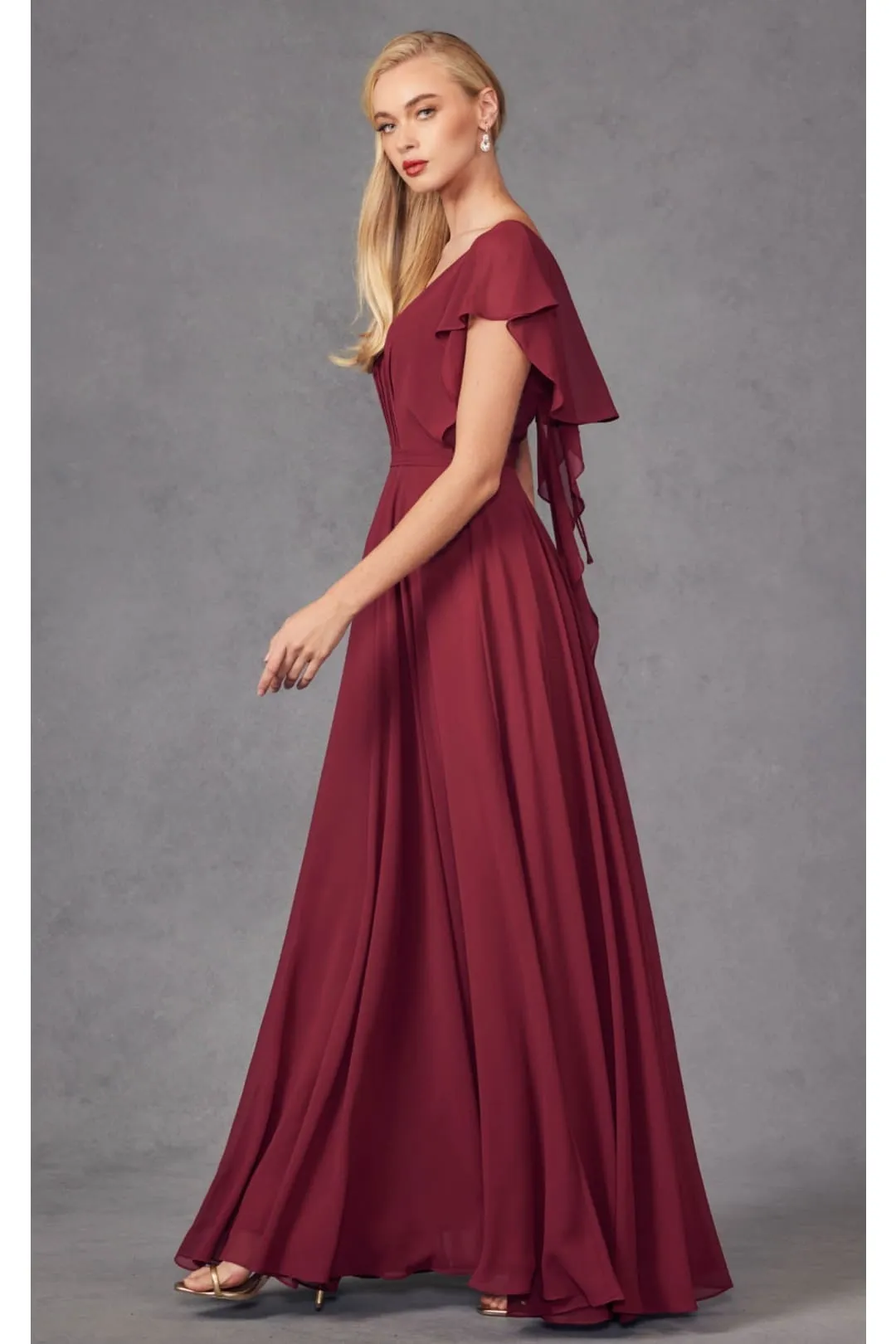 Long Flutter Sleeve Chiffon Gown by Juliet 261