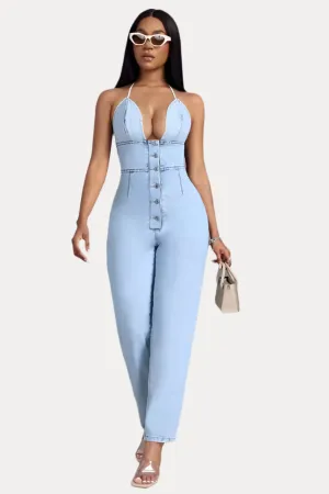 Low-cut Slim One-piece Denim Trousers