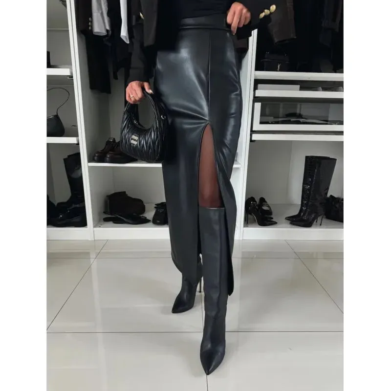LVSANW Sexy And Fashionable Women's Hip Hugging Leather Skirt Solid Color Slit High Waist Versatile Women's Half Skirt New Autumn 2025