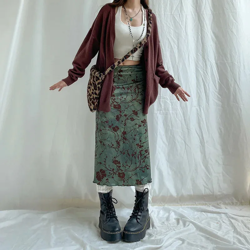 LVSANW Women's Artistic Retro Printed Straight Tube Long Skirt High Waisted Lake Embankment Green Girl Looks White Versatile Y2k Skirt
