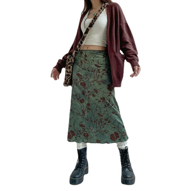 LVSANW Women's Artistic Retro Printed Straight Tube Long Skirt High Waisted Lake Embankment Green Girl Looks White Versatile Y2k Skirt