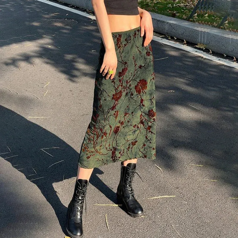LVSANW Women's Artistic Retro Printed Straight Tube Long Skirt High Waisted Lake Embankment Green Girl Looks White Versatile Y2k Skirt