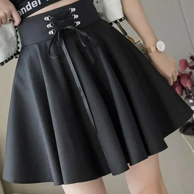 LVSANW Women's Basic Versatile Flared Casual Mini Skater Skirt High Waisted School Goth Punk Black Skirt Harajuku