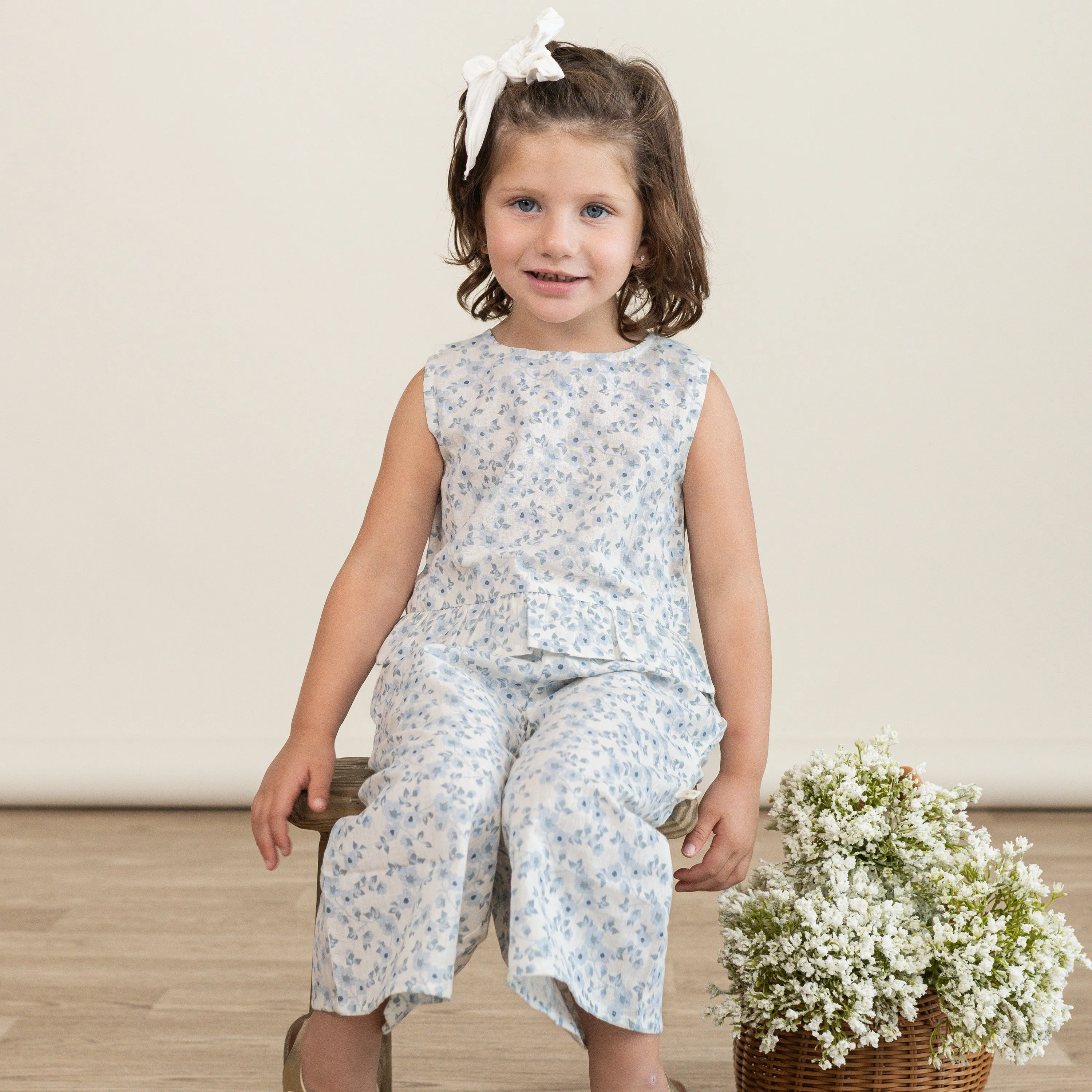 Makemake Organic Ruffle Top & Pants Set | Blue Vines