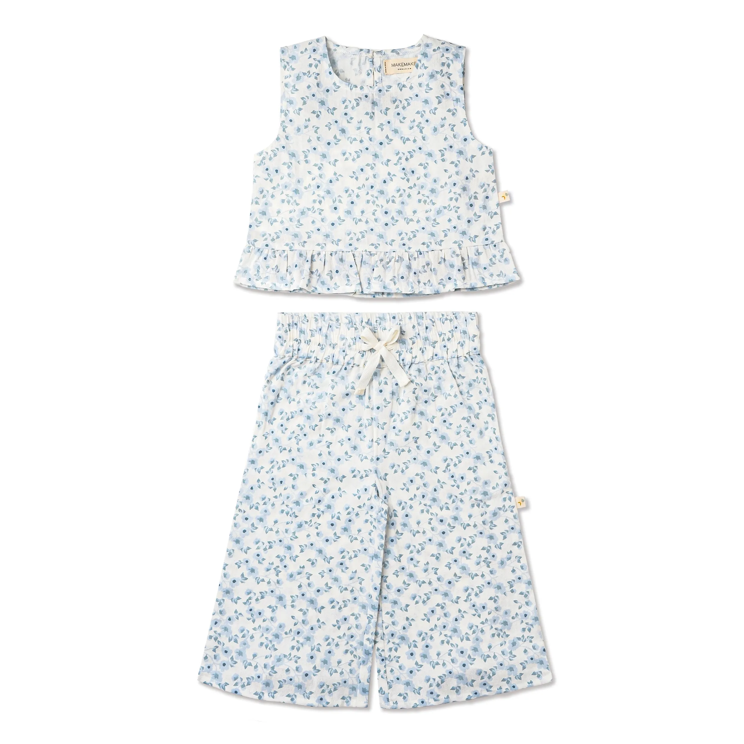 Makemake Organic Ruffle Top & Pants Set | Blue Vines