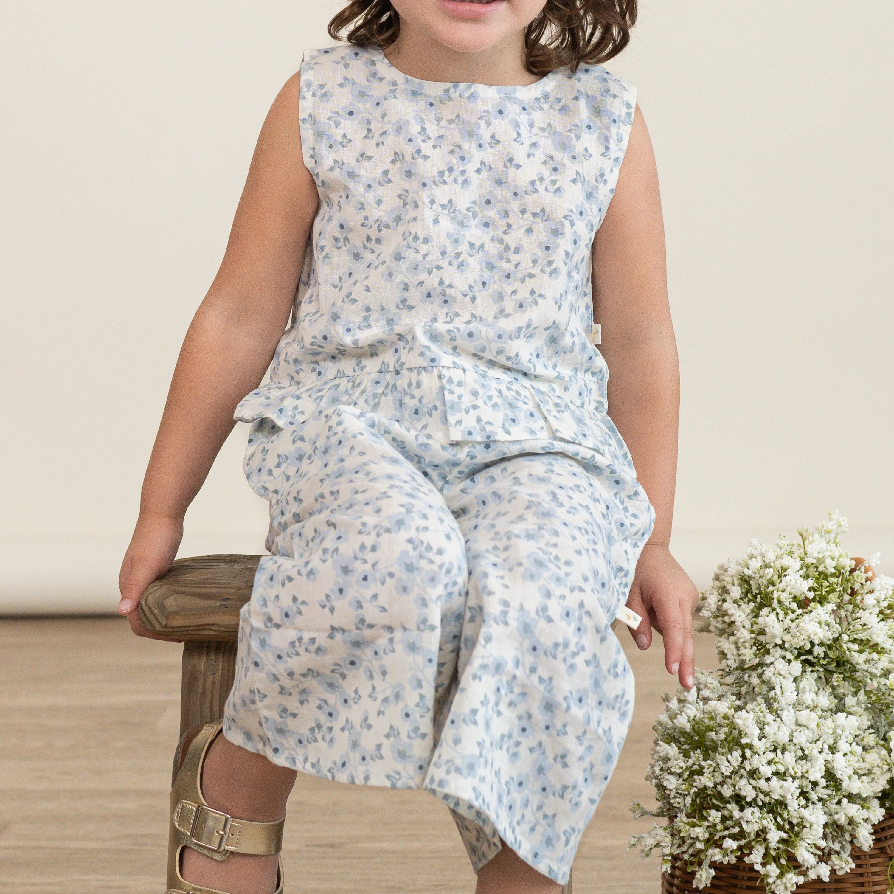 Makemake Organic Ruffle Top & Pants Set | Blue Vines