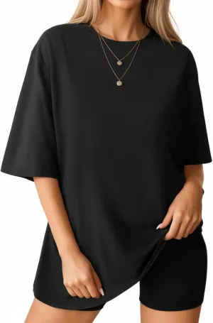 MANGOPOP Women's Oversized T Shirts Short Sleeve Crewneck Loose Fit Tops Summer Basic Tee