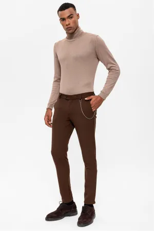 Men's Dark Brown Slim Fit Straight Accessory Fabric Trousers - Wessi