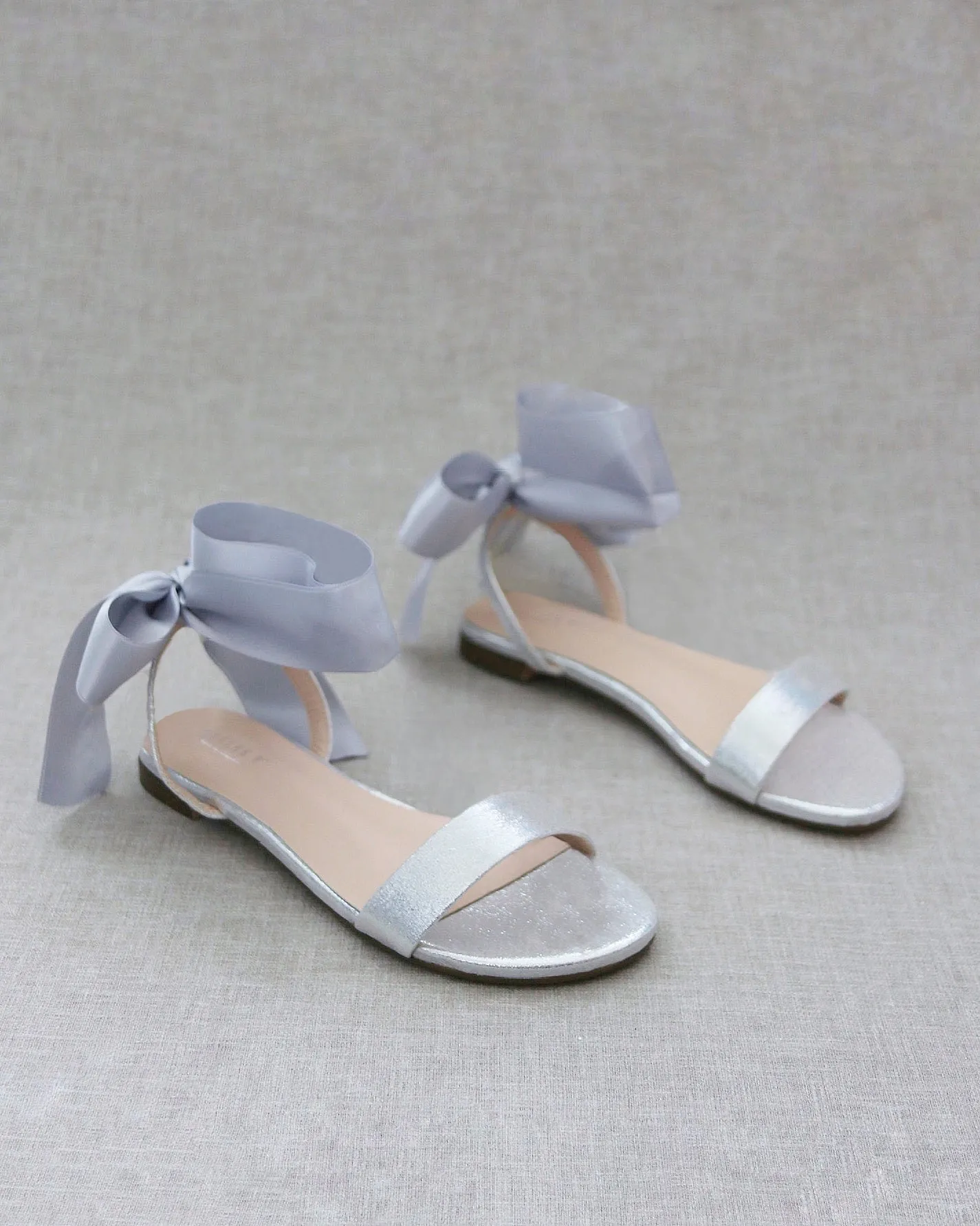 Metallic Flat Sandal with Wrapped Satin Tie