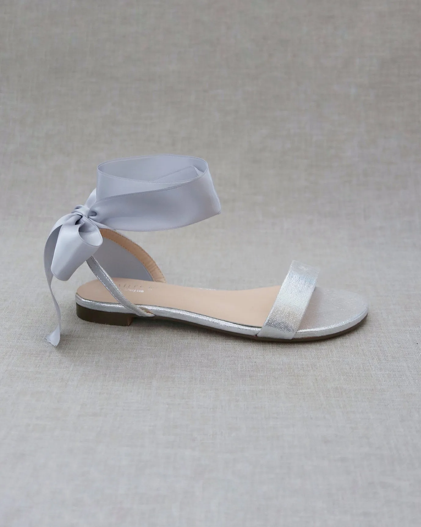Metallic Flat Sandal with Wrapped Satin Tie
