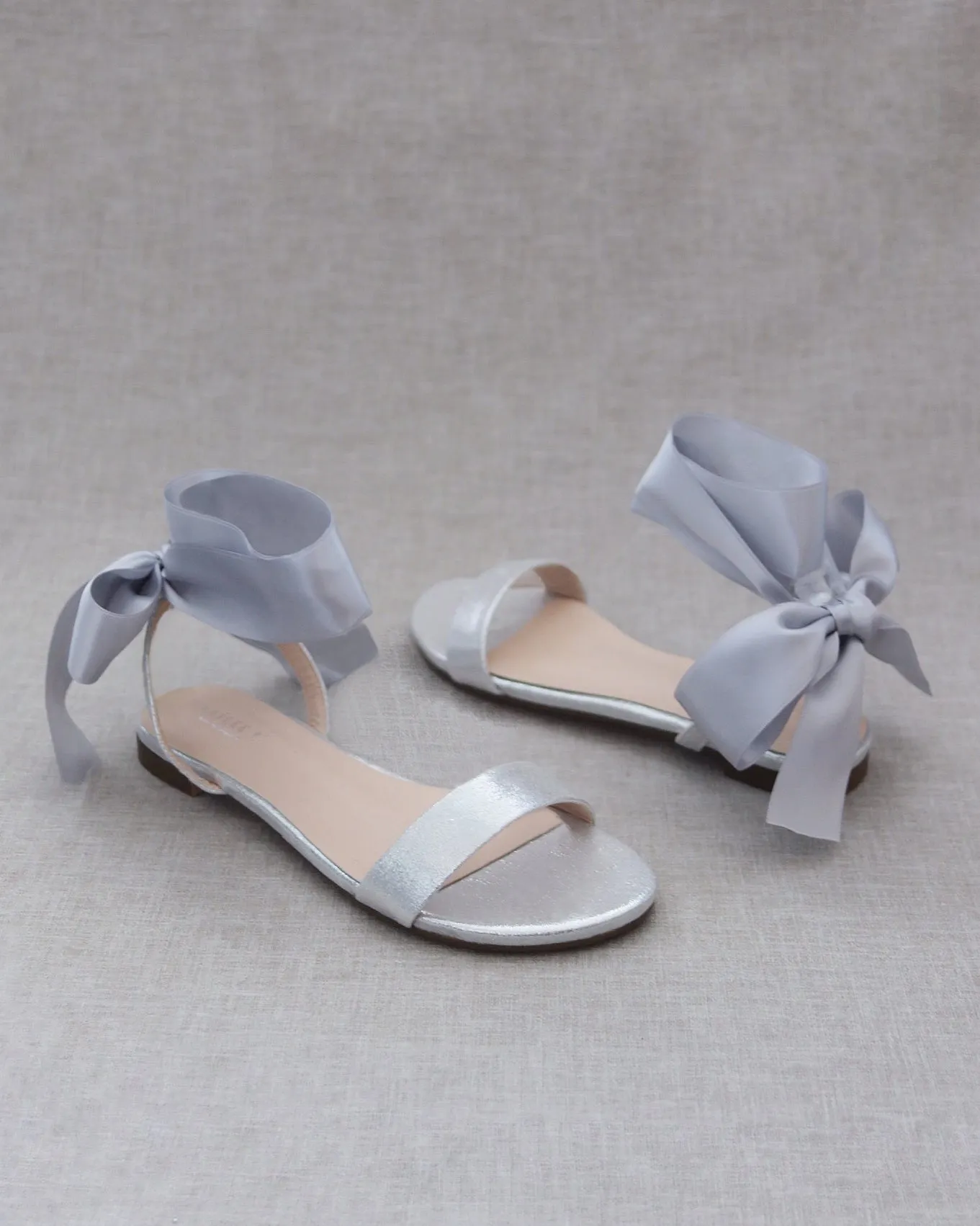 Metallic Flat Sandal with Wrapped Satin Tie