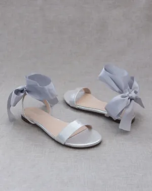Metallic Flat Sandal with Wrapped Satin Tie