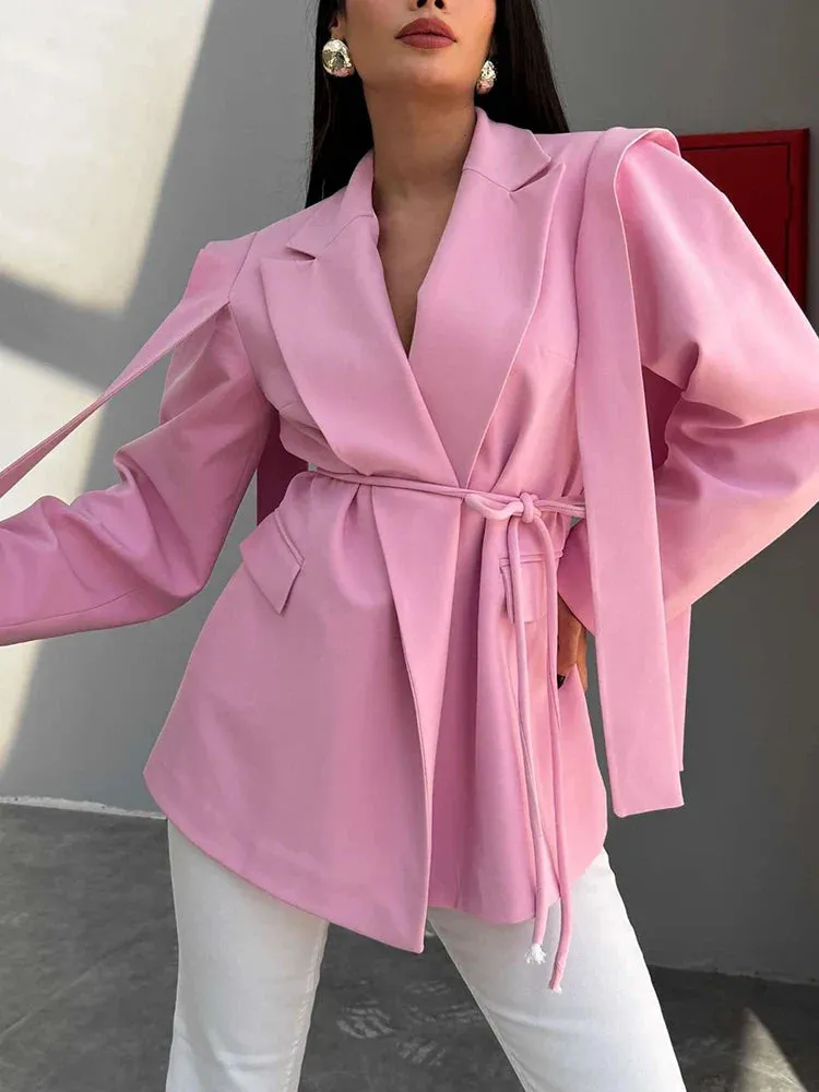 Metaversmall Elegant Patchwork Lace Up Tunic Blazers For Women Notched Collar Long Sleeve Minimalist Loose Solid Blazer Female Fashion