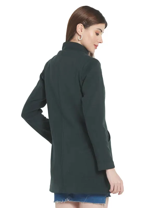 Mettle Women Green Solid Single-Breasted Cotton Trench Coat