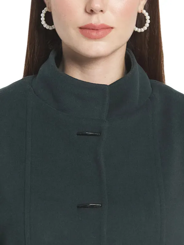 Mettle Women Green Solid Single-Breasted Cotton Trench Coat