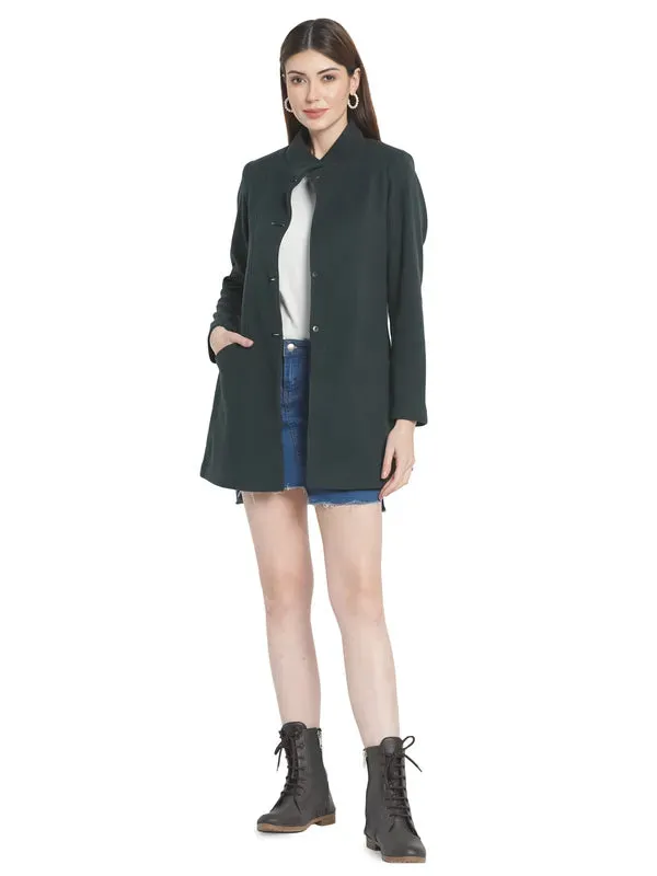 Mettle Women Green Solid Single-Breasted Cotton Trench Coat