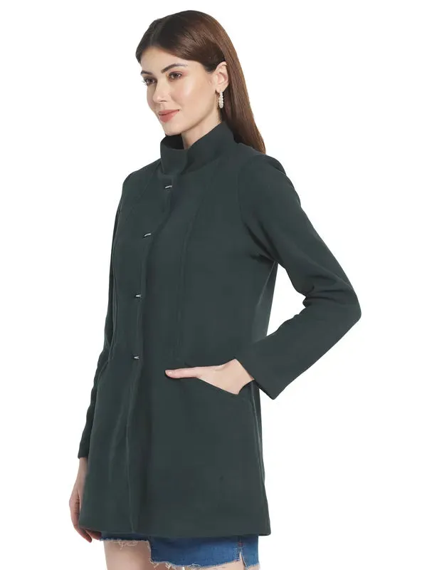 Mettle Women Green Solid Single-Breasted Cotton Trench Coat