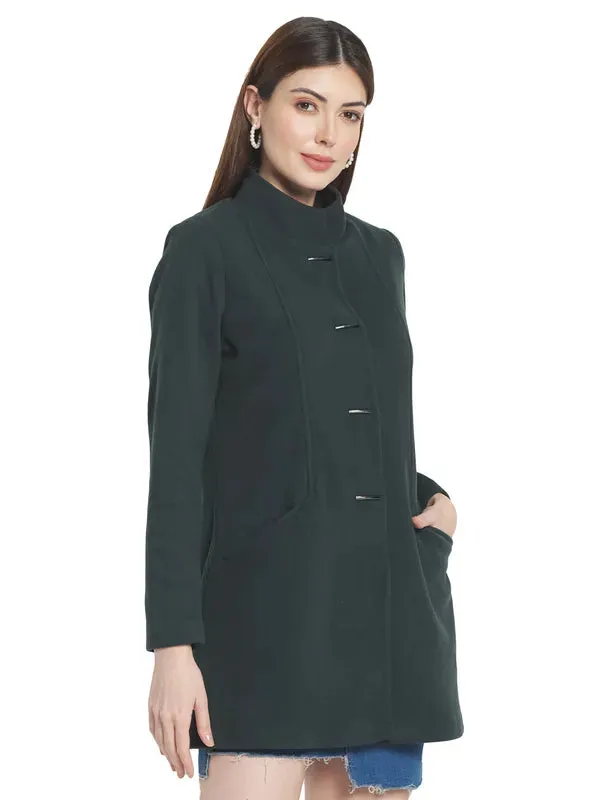 Mettle Women Green Solid Single-Breasted Cotton Trench Coat