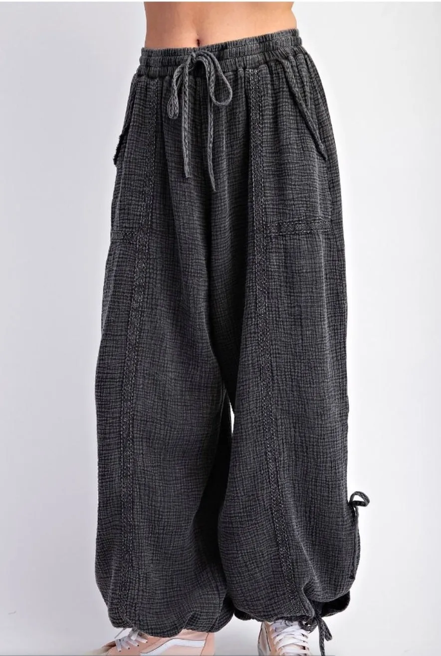 Mineral Washed Pants Gauze In Black With Lace Detailing By Easel ONLY 2 LEFT!